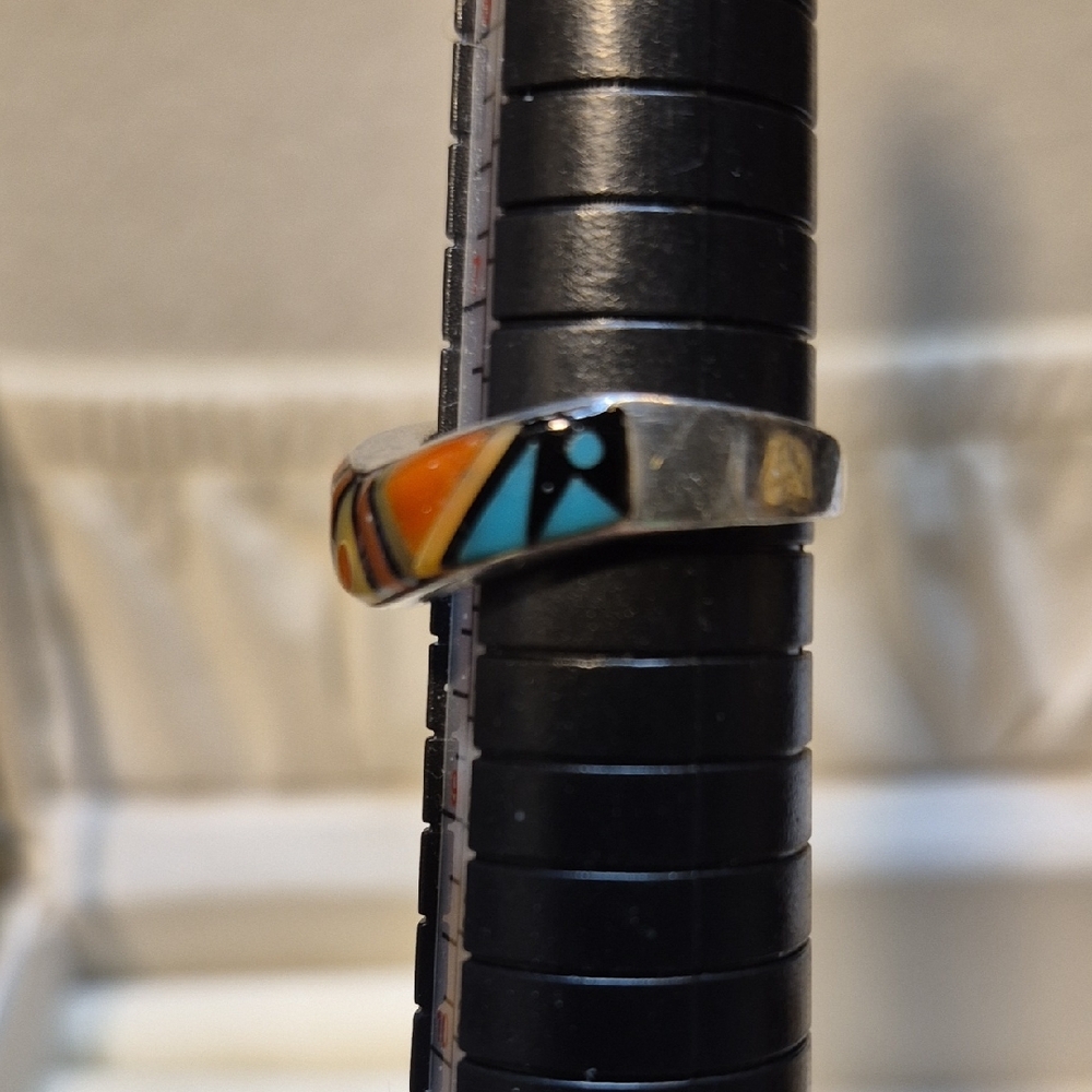 Native American Zuni Artisan Sterling Silver Gemstone Inlay Ring - Picture 9 of 10
